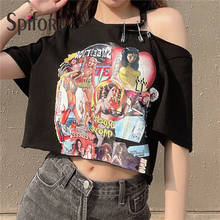 Spifore Cartoon Print T-Shirt Women Chic Off Shoulder Short Sleeve Summer Tops Black Round Neck Fashion Clothes 2024 - buy cheap