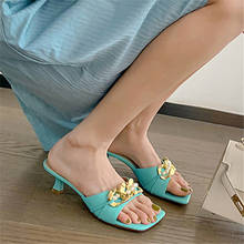 Pxelena chinelos de couro legítimo feminino, chinelos com corrente de pérolas de designer coreano, salto médio de verão, sapatos de festa azul amarelo, 2021 2024 - compre barato