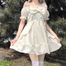 Kawaii Sweet Cute Bowknot Lolita Dress Women Summer Japanese Fashion Off Shoulder Ruffled Bowknot Waist Slim Sling Dresses 2021 2024 - buy cheap