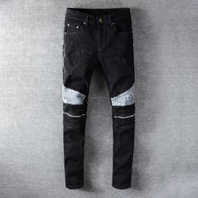 Moda streetwear calças de brim dos homens de alta qualidade fino ajuste emendado designer rasgado calças jeans homens hip hop retalhos biker jeans homme 2024 - compre barato