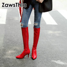 ZawsThia patent PU leather red white black point toe thin high heels women boots mid-calf sexy club party woman boots size 47 48 2024 - buy cheap