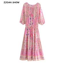 2021 Spring Bohemia Tassel Lacing up Collar Pink Flower Print Dress BOHO Woman Adjust Waist Maxi Long Holiday Dresses Beach 2024 - buy cheap