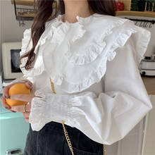 Ruffled Shirts Womens 2021 Spring Young Mori Girl Style Frill Cuff Flare Long Sleeve Blouse Cotton Tops Button Up White Blouse 2024 - buy cheap