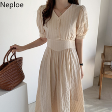 Neploe Summer Women Elegant Maxi Dress Gentle Temperament V-neck Hollow Jacquard Slim Waist Vestidos Korean Puff Sleeve Dresses 2024 - buy cheap