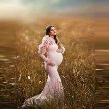 Floral Pink Mermaid Pregnancy Dresses For Photo Shoot Long Sleeves With Train Stretch Spandex Tulle Plus Size Maternity Gowns 2024 - buy cheap