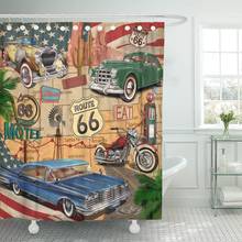 Cortina de baño para motocicleta, tela impermeable de poliéster, 72x72 pulgadas, juego con ganchos, Vintage americano, Route 66 2024 - compra barato