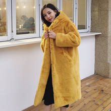 fashion Winter Rex Rabbit Fur Coat Women Hooded Long Imitation Mink Fur Coat Thick Warm Plush Overcoat Loose Ladies Fur Jacket 2024 - buy cheap