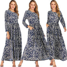 Muslim Women Floral Printed Long Dress Vintage Long Sleeve Abaya Jilbab Kaftan Maxi Robe Pockets Ramadan Islamic Gown Fashion 2024 - buy cheap
