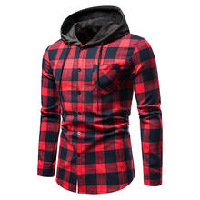 Men Plaid Shirt Hooded  Camisas Social  Autumn Men's Fashion Plaid Long-sleeved Shirt Male Button  Casual Check Shirt 2024 - buy cheap