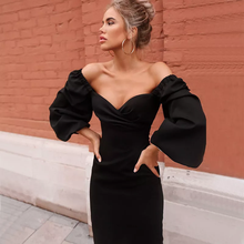 Women Sexy Bodycon Dress Pure V Neck Off Shoulder Lantern Sleeve Dress Party Night Elegant Mid Christmas Dress Mujer Black Dress 2024 - buy cheap