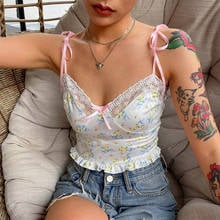 Y2K Tank Tops For Women  2000s Aesthetic Summer 2021 Flower Print Cute Kawaii Clothes Sleeveless V Neck Lace Trim Cami Top New 2024 - buy cheap