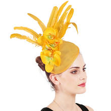 Mulheres elegantes fascinadores amarelo derby hat flor para senhora sinamay igreja chapéus grande borda fedoras casamento vestido de festa chapéu syf701 2024 - compre barato