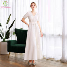 Ssyfashion vestido de festa noturno, branco, elegante, noite, com decote em v, manga curta, com pérolas, miçangas, vestido formal 2024 - compre barato