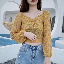 Women Spring All-match Chiffon Shirts Female Twisted V-neck Short Waist Thin Tops Ladies Puff Sleeve Floral Blouse 2021 2024 - buy cheap