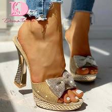 DoraTasia New Ladies Thick High Heels Summer Slippers Fashion Bowknot Crystal Platform Slippers Women Sexy Mules Shoes Woman 2024 - buy cheap