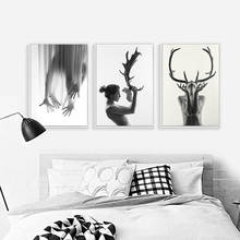 Woman Nude Painting Abstract Black and White Antlers Woman Canvas Poster Wall Art Pictures for Living Room Home Decor 2024 - compra barato