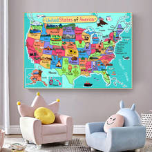 Mapa del mundo de dibujos animados modernos, Mapas de América para niños, pintura en lienzo, arte de pared, carteles e impresiones para sala de estar, decoración del hogar, Cuadros 2024 - compra barato