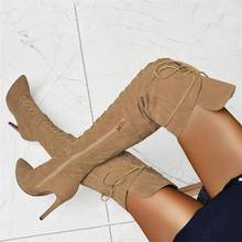 Hot Selling Beige Suede Over The Knee Boots Women Pointed Toe Stretch Fabric Lace-up Tight High Boots Shoes Plus Size Long Boots 2024 - buy cheap