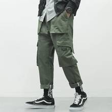 Calça masculina de hip hop, cintura alta, kpop, casual, cargo, com muitos bolsos, para corrida, moda de rua, harajuku 2024 - compre barato