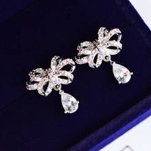 Romantic Bowknot Wedding Stud Earrings Shiny Micro Crystal Waterdrop Pendant Engagement Elegant Bridal Piercing Earring Jewelry 2024 - buy cheap