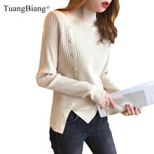 Autumn Spring Full sleeve Button Turtleneck Ladies Pullovers 2022 elastic Slim Ladies Jumpers Women Soft Wool Split hem sweaters 2024 - buy cheap