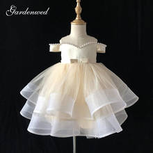 Light Champagne Pearls Flower Girl Dresses Off Shoulder Tiered Tulle Communion Dresses Big Bow Short Girl Wedding Party Dress 2024 - buy cheap