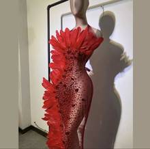Luxury Red Crystal Feathers See Through Mesh Long Dress Women Evening Prom Wedding Bithday Party Dress Singer Sexy Stage Wear 2024 - buy cheap