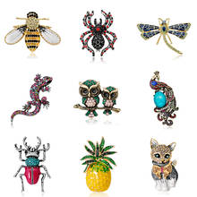 Crystal Lizard Brooches Cute Fashion Animal Insect Beetle Bee Couple Owl Spider Dragonfly Peacock Cat Pineapple Retro Jewelry 2024 - buy cheap