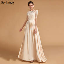 Sevintage Real Photos Half Sleeves Prom Dresses Appliques Lace Pearls Chiffon Evening Gown Scoop Floor Length Formal Women Dress 2024 - buy cheap