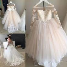 Champagne Tulle Lace Long Sleeve Flower Girl Dresses For Weddings Sweep Train Kids Princess Gown First Communion Party 2024 - buy cheap