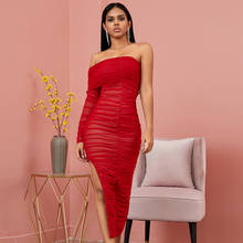 Seamyla-vestido Bandage de manga larga para mujer, vestido Sexy de malla roja con hombros descubiertos, con arrugas y cuello de barco, Bodycon para fiesta de invierno 2024 - compra barato