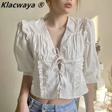Blusa feminina, camisa larga chic, sexy, branca, crop top, com babado, espéculo exclusivo 2024 - compre barato