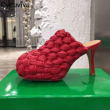 Designer High Heels Mules Brand Shoes Women Red Weave Leather Slippers Wrap Toe Ladies Summer Slides Runway Sandalias Mujer 2024 - buy cheap