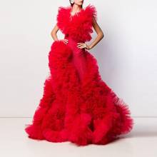 Chic Fashion Couture Bright Red Prom Gown Women Ruffled Puffy Tulle Evening Formal Dress Celebrity Pageant Party Dresses 2024 - buy cheap