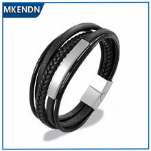 Mkendn pulseira masculina de couro, bracelete magnético com múltiplas camadas em aço inoxidável preto/marrom, acessórios de joia 2024 - compre barato