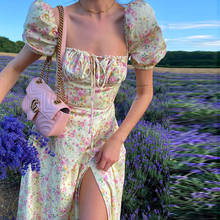 Puloru Elegant Women's Floral Dress Vintage Puff Short Sleeves Lace Up Square Collar Midi Dress Prairie Chic High Split A-Line 2024 - buy cheap