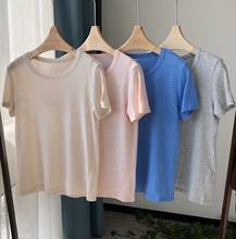 Camiseta de algodón para mujer, camiseta de manga corta con cuello redondo, Camiseta de algodón de lino, camisetas informales 2021 2024 - compra barato