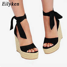 EilyKen-Sandalias aterciopeladas de tejido elástico para mujer, zapatos de tacón alto con plataforma y correa cruzada en el tobillo, con cuñas tejidas 2024 - compra barato