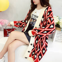 2021 Women Sweater and Cardigans Vneck Long Knitted Coat Korean Style Loose Oversized Cardigans Poncho Plaid Outerwear Coat 2024 - buy cheap