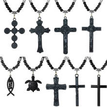 Black Beads Necklaces for Men Vintage Catholic Crucifix Pendant Necklace Artificial Beaded Jewelry Jesus Christ Keepsake 2024 - buy cheap