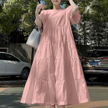 ZANZEA-Vestido largo informal con manga abombada para mujer, vestido de verano con volantes, color liso, talla grande 2024 - compra barato