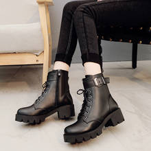 Winter New Fashion Women's Martin Boots Fashion Lace-up Side Zipper PU Boots Round Toe Mid Heel Buckle Women's Ankle Boots 2024 - buy cheap