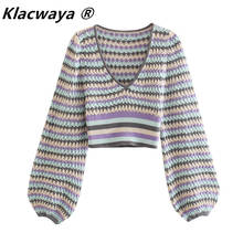 Klacwaya suéter feminino za, blusa feminina manga comprida casual, camisola curta, blusa chique feminina, 2021 2024 - compre barato