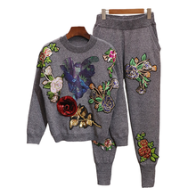 Ladies Tracksuit Sets 2020 Spring Autumn Sequined Flowers Knitted Sweater + Casual Little feet Pants 2 Piece Set Women Tops H553 2024 - buy cheap