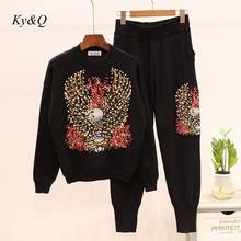 Brand Designer 2021 Winter Christmas Women Vintage Luxury Old Eagle Beading Sequined Long Sleeve Knit Sweater Pullover 2 Pieces 2024 - buy cheap