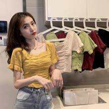 Square Neck Retro French Style Slim Sexy Short Sleeve Green Yellow Knitted Cropped Tops Ruffle Tshirt Summer Clothes For Women 2024 - buy cheap