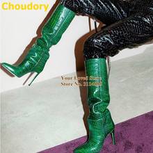 Choudory Green Crocodile Pattern Knee Boots Stiletto Heel Pointed Toe Slip-on Long Boots Runway Tall Boots Snakeskin Dress Shoes 2024 - buy cheap