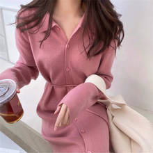 Sweater Dress Women Single Breasted Turn Down Collar Long Sleeve Sweater Cardigan Slim Vintage Korean Party Dress Oversized W048 2024 - buy cheap
