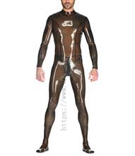 Cool transparent black men's long sleeve Fetish latex bondage catsuit with feet and attached back zipper to crotch design 2024 - buy cheap