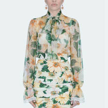Женская шифоновая блузка с длинным рукавом, модельные дизайнерские топы с винтажным цветочным принтом, элегантные блузки с бантом, лето 2021 2024 - купить недорого